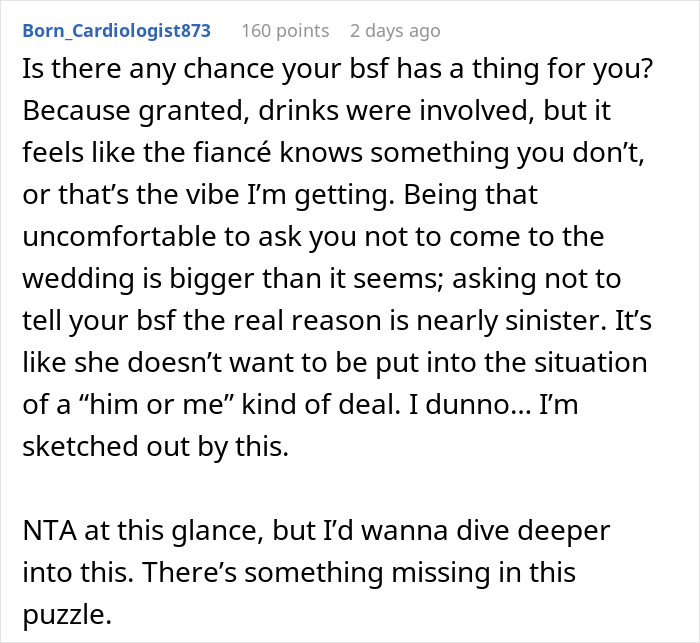 Text comment discussing suspicion about a groom kissing best friend at bachelor party causing bride to ban him from wedding.