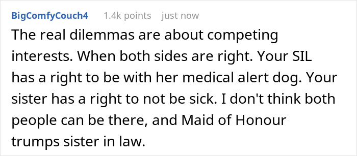 Comment discussing the bride refusing sister-in-law’s service dog at wedding due to competing health concerns. Comment discussing the bride refusing sister-in-law’s service dog at wedding due to competing health concerns.