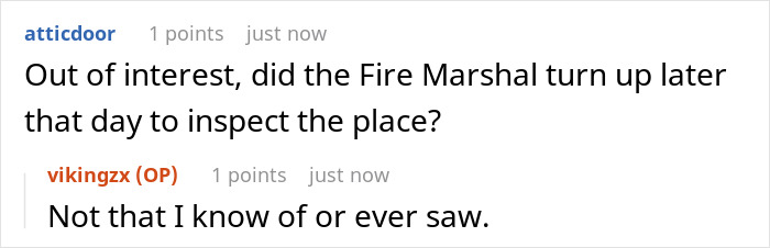 Reddit conversation showing a user asking about Fire Marshal inspection in landlord malicious compliance drama.