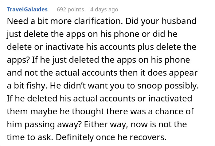 Text message conversation discussing suspicion after husband deleted apps on phone during surgery, causing confusion and concern.