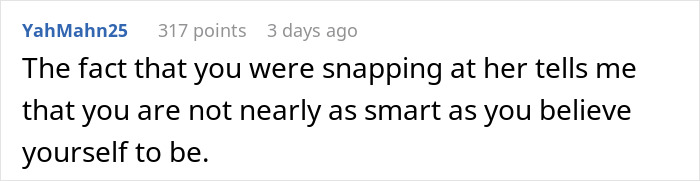 Comment text on a white background discussing intelligence, related to new mom struggles with taking care of the baby and husband judgment.