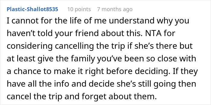 Comment discussing a woman considering canceling a friend&rsquo;s holiday booking after harassment by her brother&rsquo;s girlfriend.