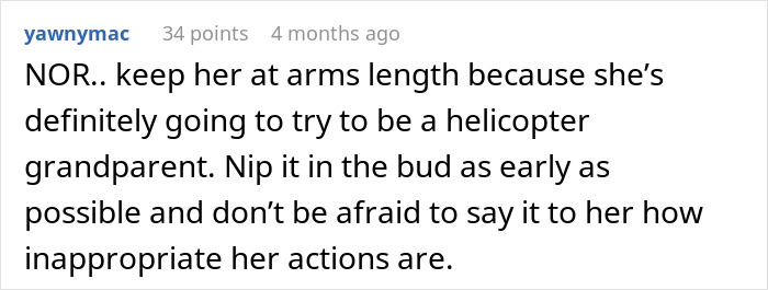 Comment warning about helicopter grandparent behavior in pregnancy hijacking dispute on a social media post.