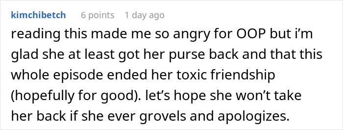Screenshot of a comment expressing anger over a purse fiasco that ended a 15-year toxic friendship.
