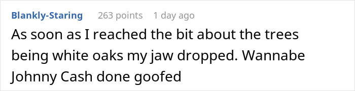 Screenshot of a Reddit comment reacting to neighbor cutting down white oak trees without permission.