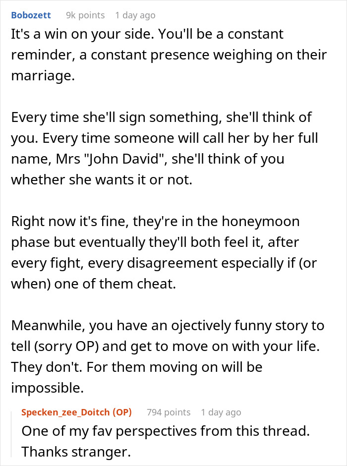 Reddit comments discussing a guy finding out his ex-wife and her new husband legally changed their name to his.