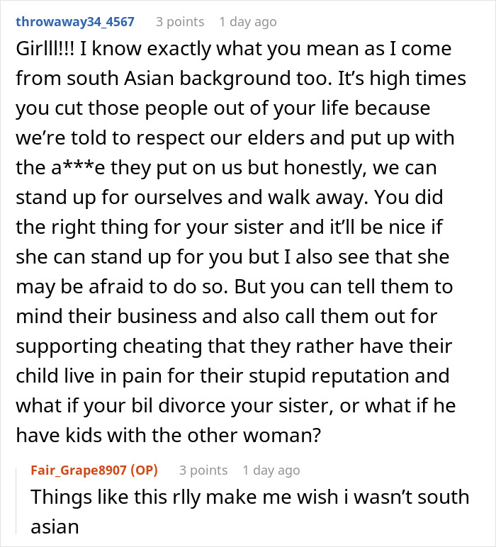 Comment discussing confronting cheating and family issues involving a brother-in-law leading to possible divorce.