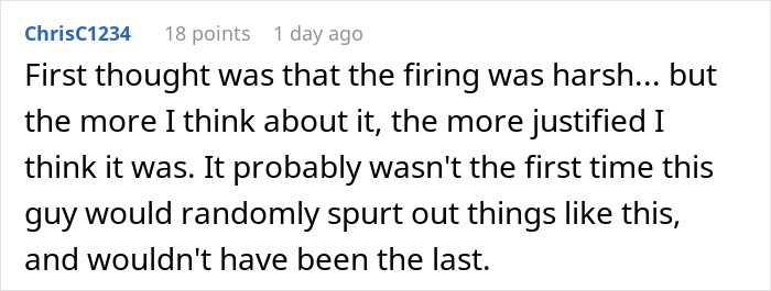 Commenter discussing justification of an employee firing after a body-shaming remark made to the CFO.