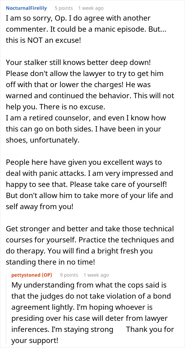 Commenter offering support and advice on dealing with a stalker customer who found home and rang doorbell concerns