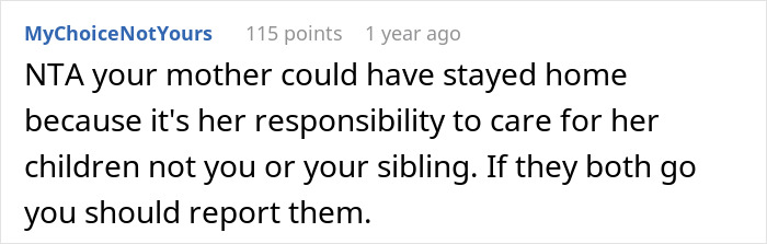 Comment advising that in Austria, parents and siblings are responsible for babysitting, not others, highlighting family duties. Comment advising that in Austria, parents and siblings are responsible for babysitting, not others, highlighting family duties.