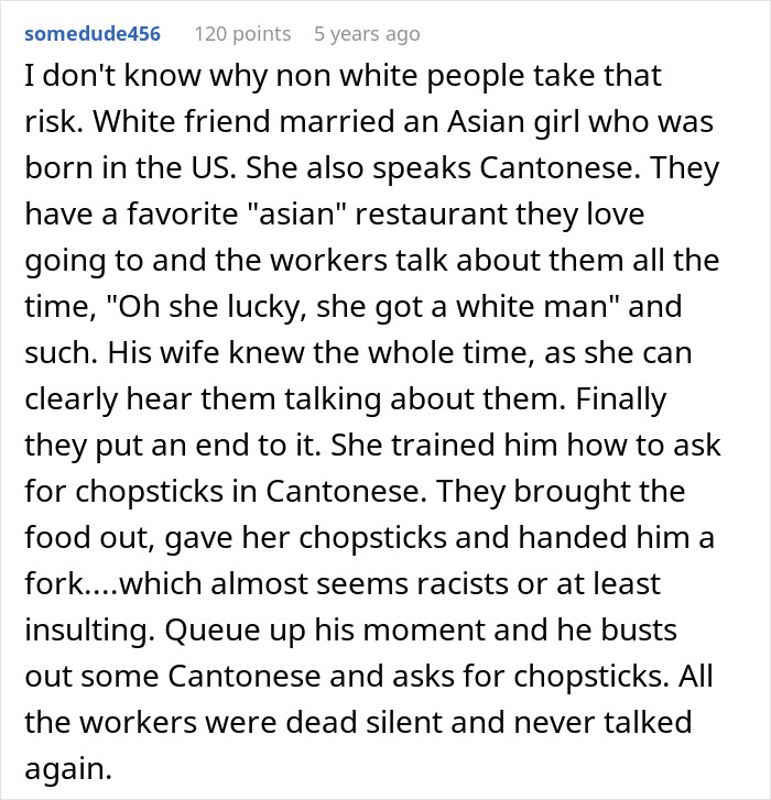 Text post discussing a husband learning his wife's parents' native language to navigate cultural situations.