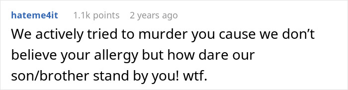 Screenshot of a Reddit comment discussing a woman accusing her brother-in-law of causing anaphylactic shock by lying about lunch ingredients.