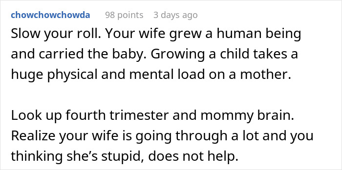 Comment explaining new mom struggles and mental load of baby care, highlighting husband&rsquo;s lack of support and judgment.