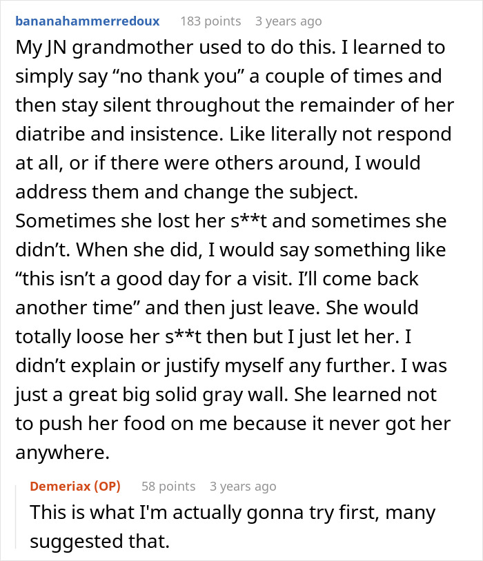 Comment discussing coping strategies for dealing with a cheap MIL who feeds spoiled food and bullies them into eating it.
