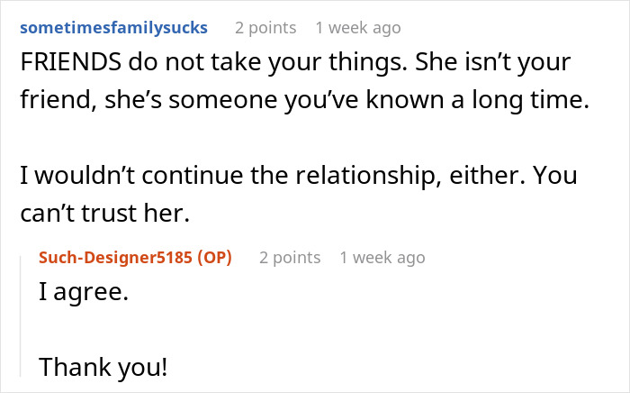 Reddit comments discussing a woman ending a 15-year friendship after a purse fiasco over trust and relationships.