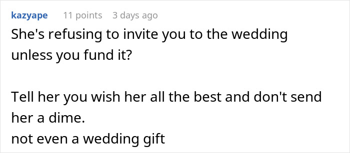 Text post discussing a woman uninviting her sister from her wedding due to refusal to gift $30K for expenses.