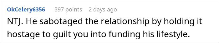 Screenshot of a forum comment explaining how a man’s 50/50 house ownership ultimatum harmed his relationship. Screenshot of a forum comment explaining how a man’s 50/50 house ownership ultimatum harmed his relationship.