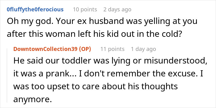 Reddit comments discussing a lady locking out affair partner's kid in winter and the mom's reaction to the prank.