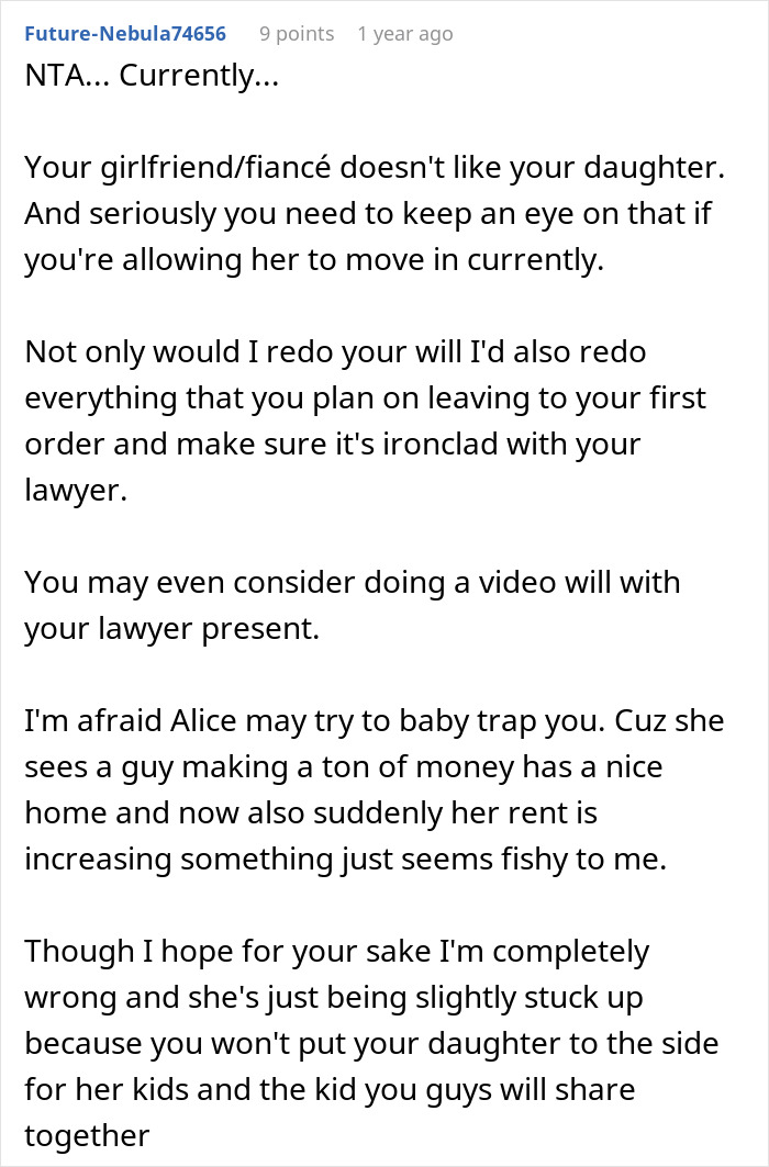 Comment discussing man defending his daughter&rsquo;s room from fianc&eacute;e and prioritizing daughter over their future together.