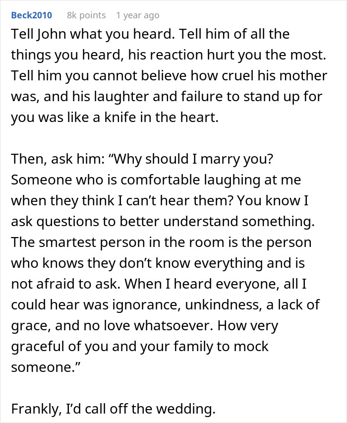 Text post discussing a future MIL brands bride-to-be stupid, fianc&eacute; laughing, and emotional advice on handling in-law conflict.