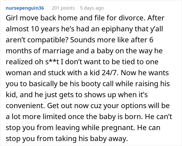 Comment discussing husband telling pregnant wife he isn&rsquo;t in love, causing her to feel livid about waiting till marriage.