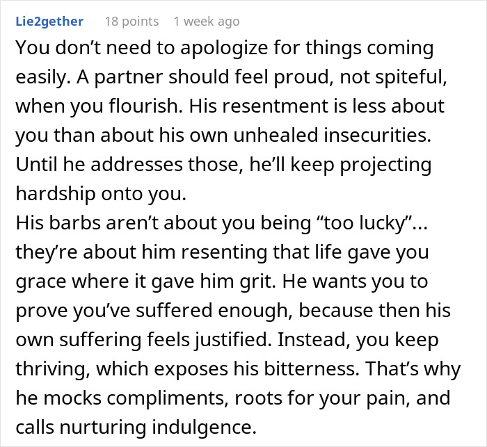Alt text: A user comments on a post about a man's hatred and resentment toward his wife’s easy success and life grace. Alt text: A user comments on a post about a man's hatred and resentment toward his wife’s easy success and life grace.