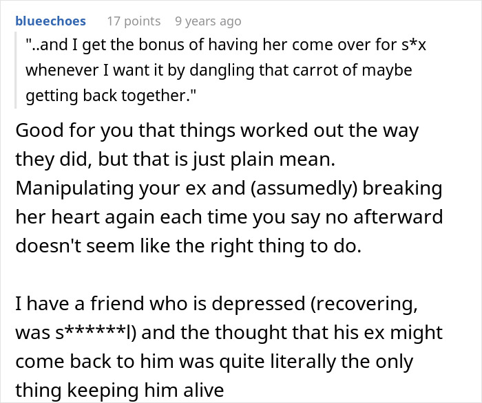 Screenshot of a Reddit comment discussing manipulation and emotions after a husband finds out wife is cheating and uses pro revenge.