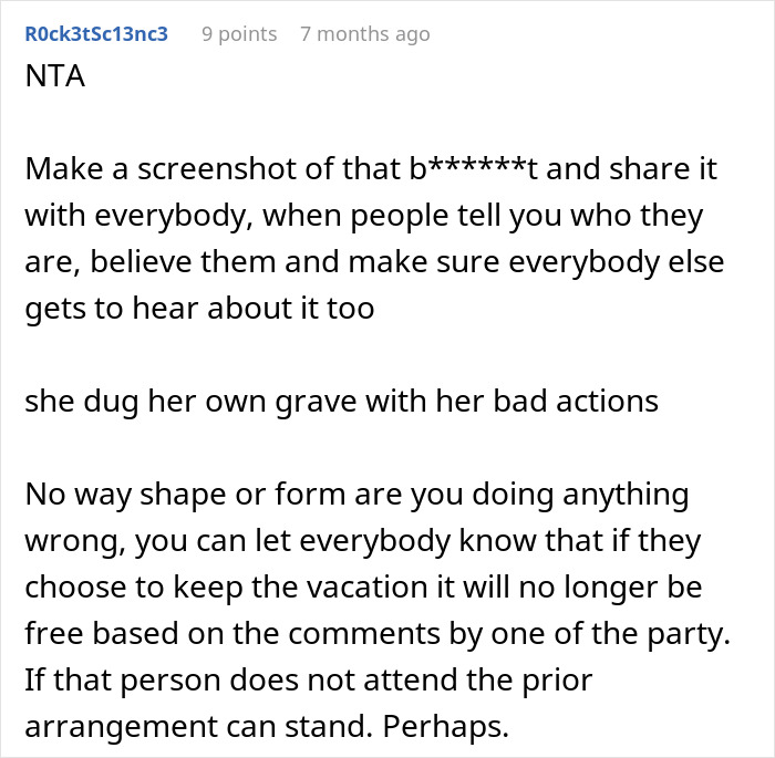 Comment advising to expose harassment and reconsider friend&rsquo;s holiday booking due to bro&rsquo;s girlfriend&rsquo;s actions.