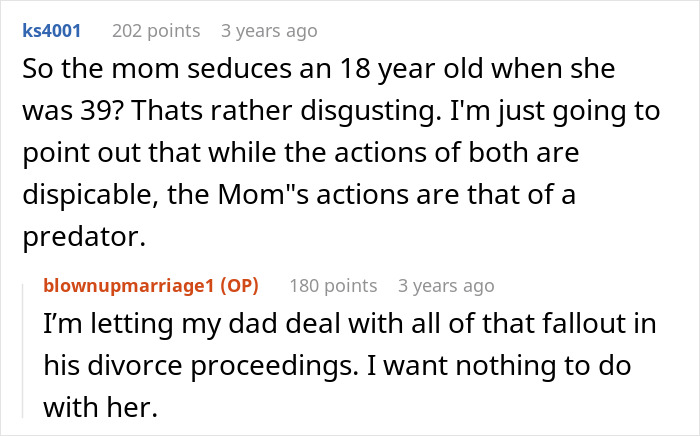 Comments discussing a woman catching her mom sleeping with her husband and exposing their long-term affair.