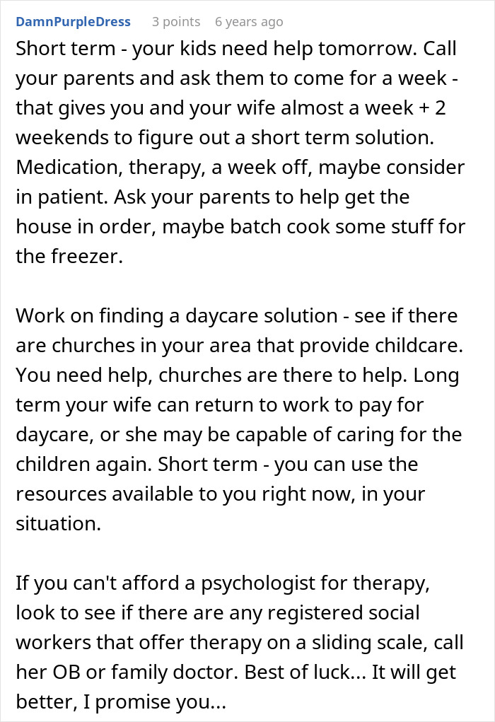 Comment advising a husband on managing toddlers and seeking daycare support while wife parties with new man.