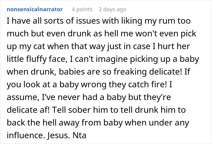 Comment discussing concerns about a husband’s behavior around a baby and the need for an exit plan. Comment discussing concerns about a husband’s behavior around a baby and the need for an exit plan.