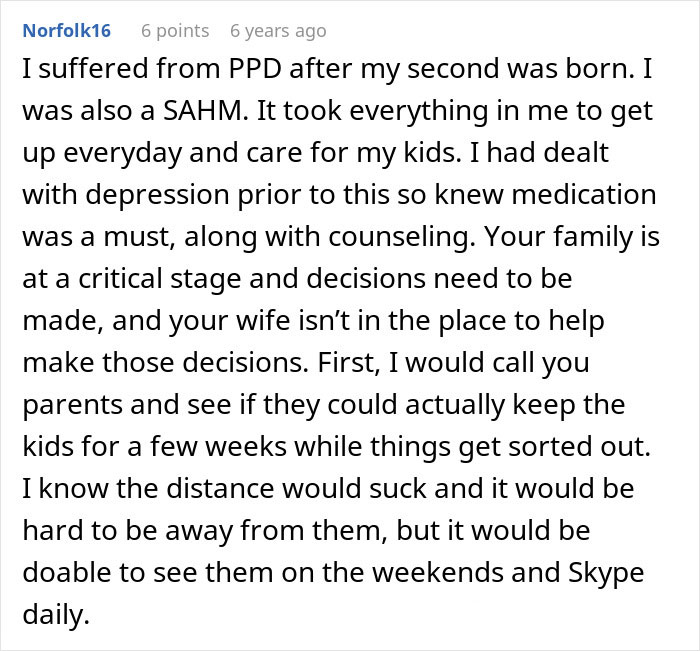 Comment discussing postpartum depression, parenting challenges, and wife leaving toddlers behind to party with new man.