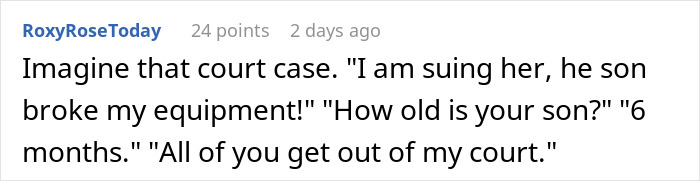 Text post showing a Reddit comment about a court case involving a baby breaking expensive equipment.