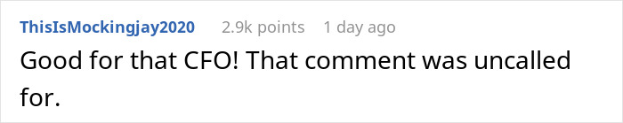 Comment praising CFO for firing employee immediately after body-shaming remark in heated workplace incident.