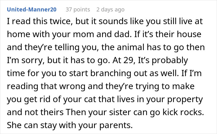 Screenshot of a Reddit comment discussing parents trying to get rid of a daughter’s cat while pregnant sister visits. Screenshot of a Reddit comment discussing parents trying to get rid of a daughter’s cat while pregnant sister visits.