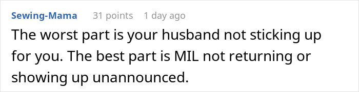 Comment highlighting frustration with uninvited, demanding mother-in-law showing up unannounced.
