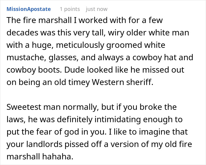 Screenshot of a Reddit comment describing a fire marshall, related to landlord malicious compliance drama discussion.