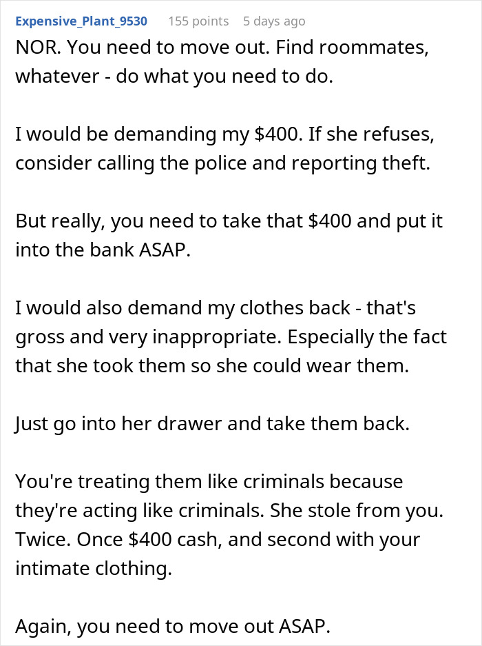 Text advice about daughter bolting up room after mom steals underwear, accusing her of hiding immoral things.