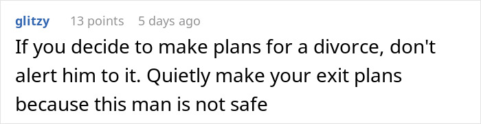 Comment text discussing a man stepping over his passed out wife and going to bed, highlighting concerns about safety and divorce plans.