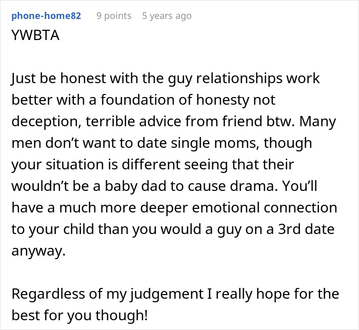 Screenshot of online comment discussing honesty in relationships and dating challenges for women considering artificial insemination plans.