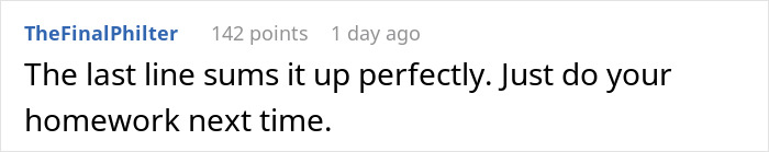 Comment text on light background about doing homework next time, related to neighbor cutting down white oak trees without permission settlement.