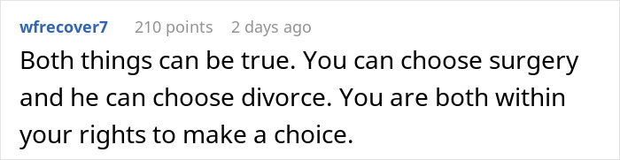 Comment text on a social media post discussing a husband giving wife an ultimatum over plastic surgery choices.