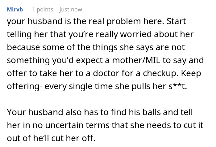 Comment advising to confront rude mother-in-law and urging husband to set clear boundaries in emotional conflict.