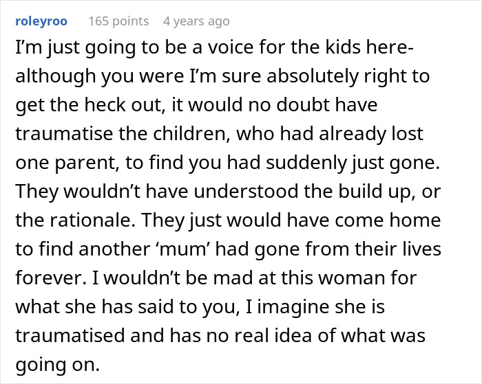 Comment discussing trauma experienced by children when a woman accused of abandoning husband’s kids secretly leaves a toxic marriage. Comment discussing trauma experienced by children when a woman accused of abandoning husband’s kids secretly leaves a toxic marriage.