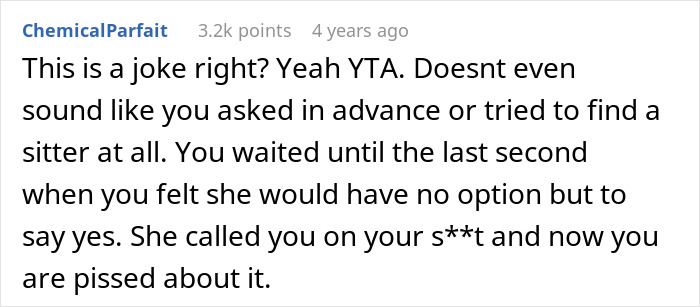 Reddit comment discussing dad pulling funding after teen chooses friend's farewell party over babysitting siblings.