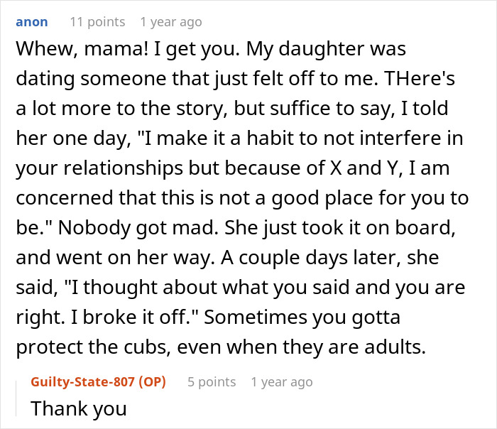 Comment discussing a mother concerned about daughter&rsquo;s secretive boyfriend and considering hiring a private investigator.
