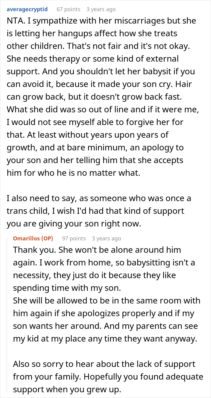 Screenshot of Reddit comments discussing miscarriage impact and enforcing gender roles on a kid from a family dispute. Screenshot of Reddit comments discussing miscarriage impact and enforcing gender roles on a kid from a family dispute.