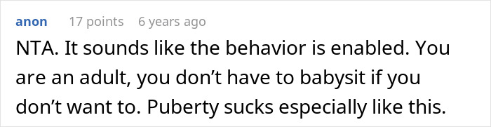 Screenshot of an online comment about a woman refusing to babysit her teen brother who is a nightmare to deal with.