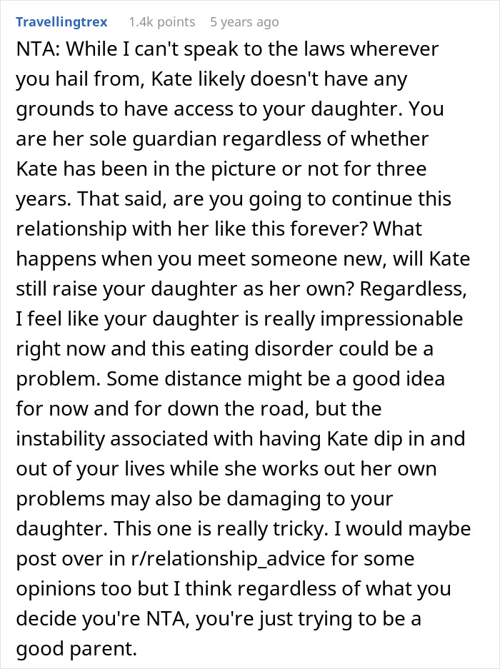 Text excerpt discussing a little girl copying ex&rsquo;s eating disorder comments and a concerned dad about her calling bread yucky.