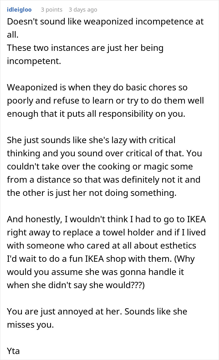 Reddit comment discussing weaponized incompetence, debating whether wife’s behavior is true incompetence or laziness. Reddit comment discussing weaponized incompetence, debating whether wife’s behavior is true incompetence or laziness.